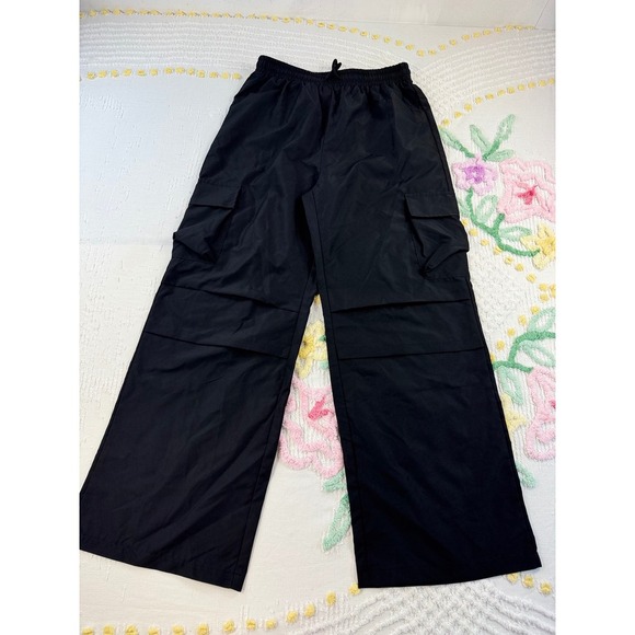 Shein Women's Black Cargo Pants Wide M Leg High Waist Drawstring Casual Trousers - Picture 2 of 9